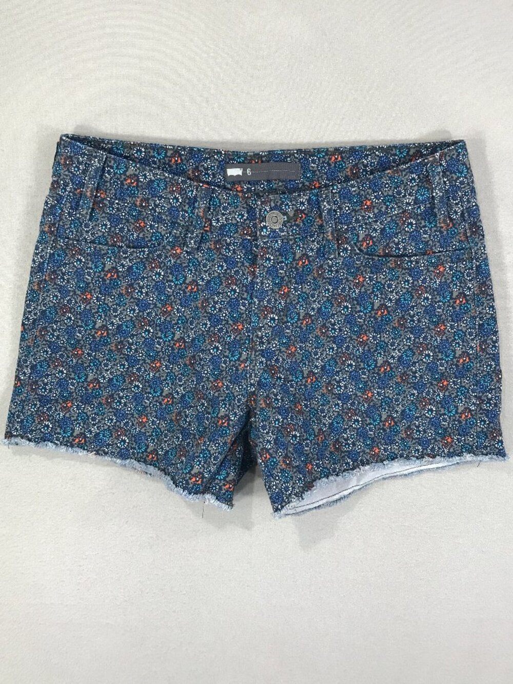 Levis Shorts Women's 6 Blue Floral Denim Button Stretch Raw Hem Fringe Pockets